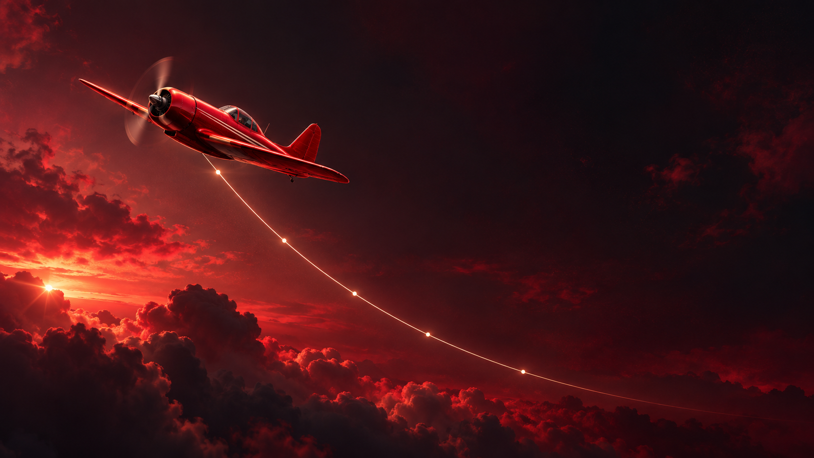 Original concept artwork of a red propeller aircraft in a crimson sky
